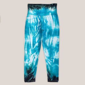 Baja Tie Dye Yoga Leggings in Aqua Blue with Foldover Wide Waistband Hand Dyed